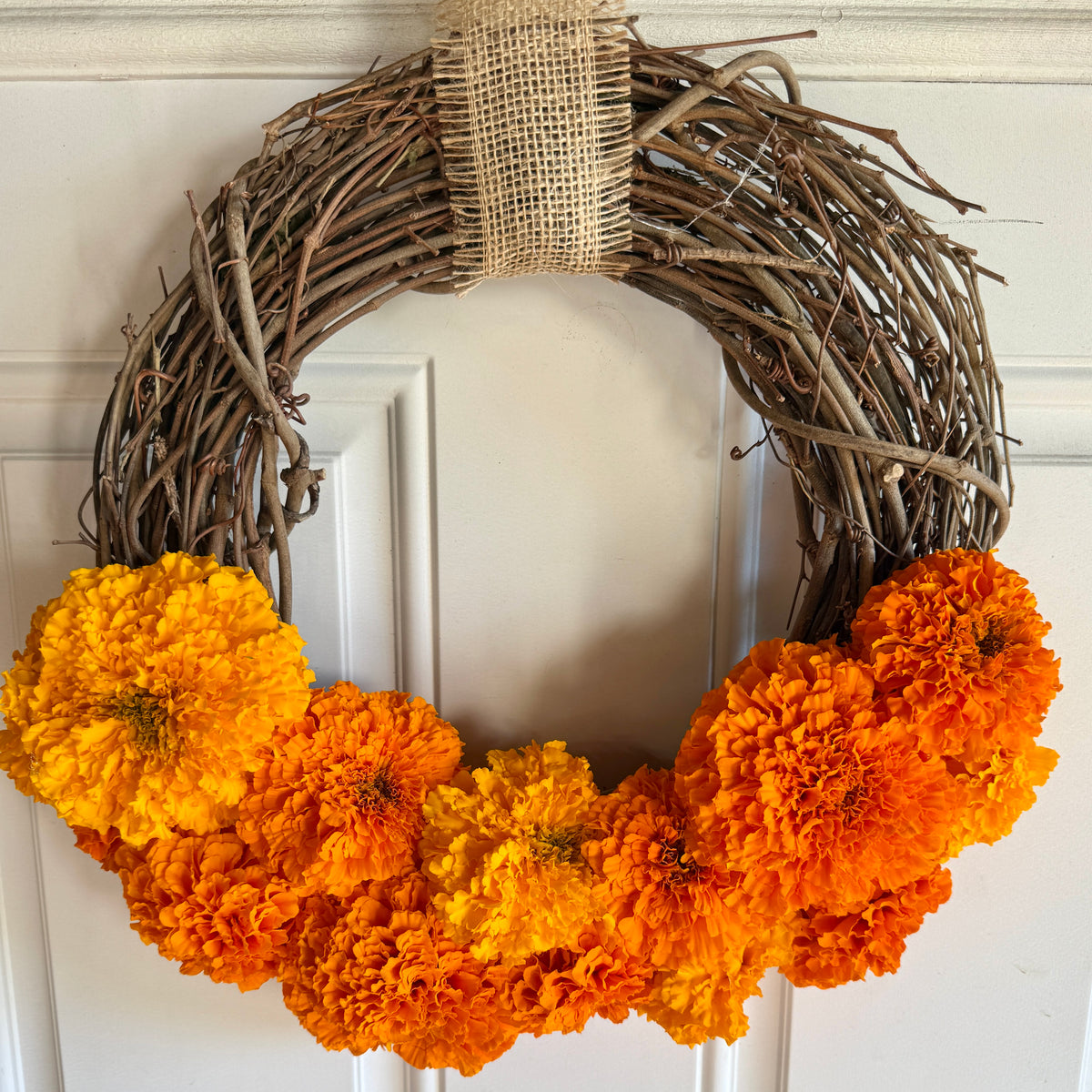 Fresh “Dry in Place” Real Marigold & Grapevine Wreath
